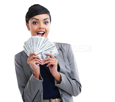 Buy stock photo Cropped portrait of a young businesswoman holding a bunch of cash