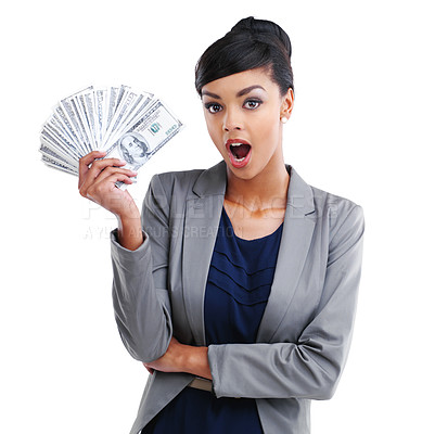 Buy stock photo Girl, portrait and wow in studio with money for business promotion or lottery winner and dollars income or cashback. Woman, surprised and cash on white background for gambling, investment and savings