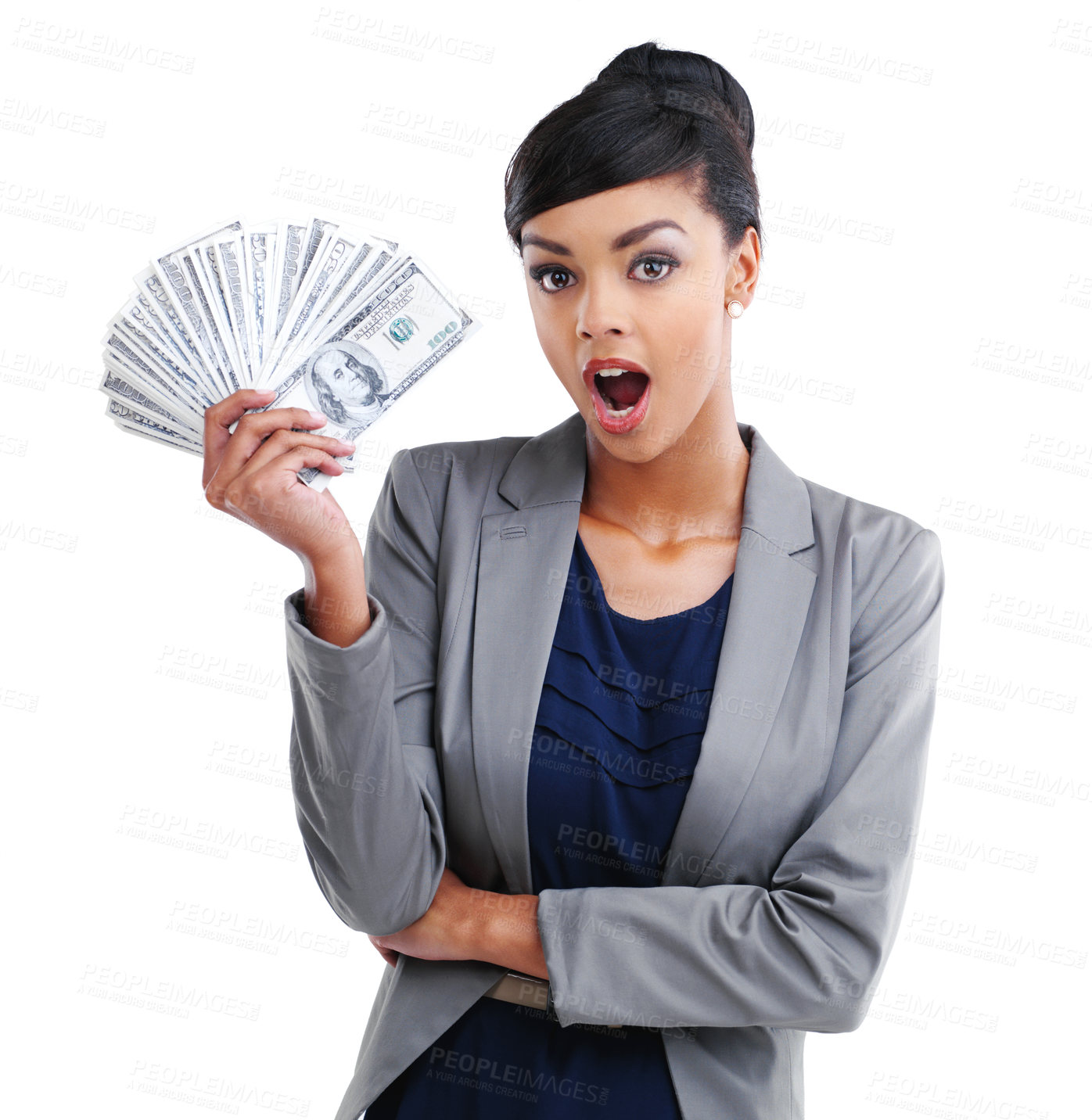 Buy stock photo Girl, portrait and wow in studio with money for business promotion or lottery winner and dollars income or cashback. Woman, surprised and cash on white background for gambling, investment and savings