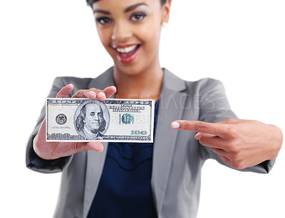 Buy stock photo Cropped portrait of a young businesswoman showing you a dollar bill
