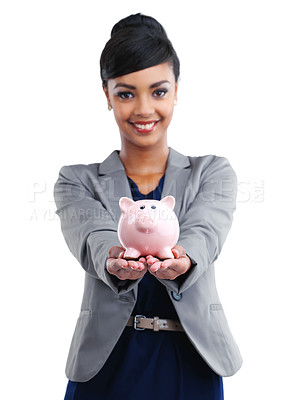 Buy stock photo Cropped portrait of a young businesswoman holding a piggybank