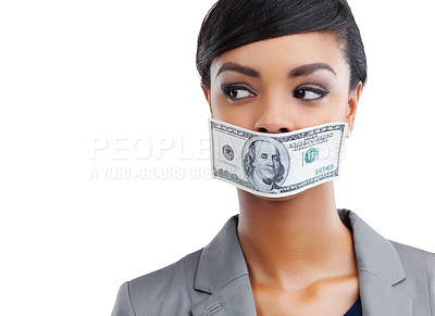 Buy stock photo Woman, studio and cash on mouth for bribe or buy silence for fraud, corruption and money laundering. Girl, white background and dirty dollars for bribery or non disclosure agreements and secrets.