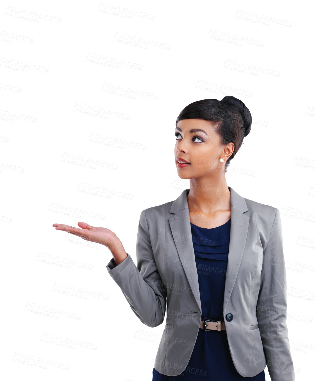 Buy stock photo Cropped shot of a young businesswoman holding copyspace against a white background