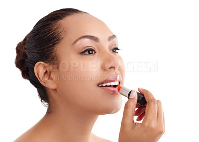 Buy stock photo Studio, lipstick and woman with cosmetics for beauty, makeup and confidence with mockup. Female model, red lip and pride for self care by white background, healthy and smooth results with backdrop