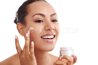 Buy stock photo Happy woman, skincare and container with cream for facial or moisturizing on a white studio background. Face of female person, brunette or model with smile for beauty, lotion or SPF in dermatology