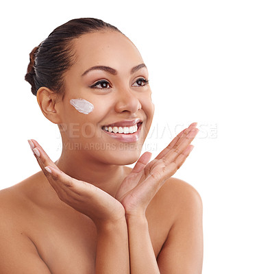 Buy stock photo Happy woman, skincare and moisturizing with cream in beauty on a white studio background. Face of female person, brunette or model with smile in satisfaction for anti aging lotion, SPF or dermatology