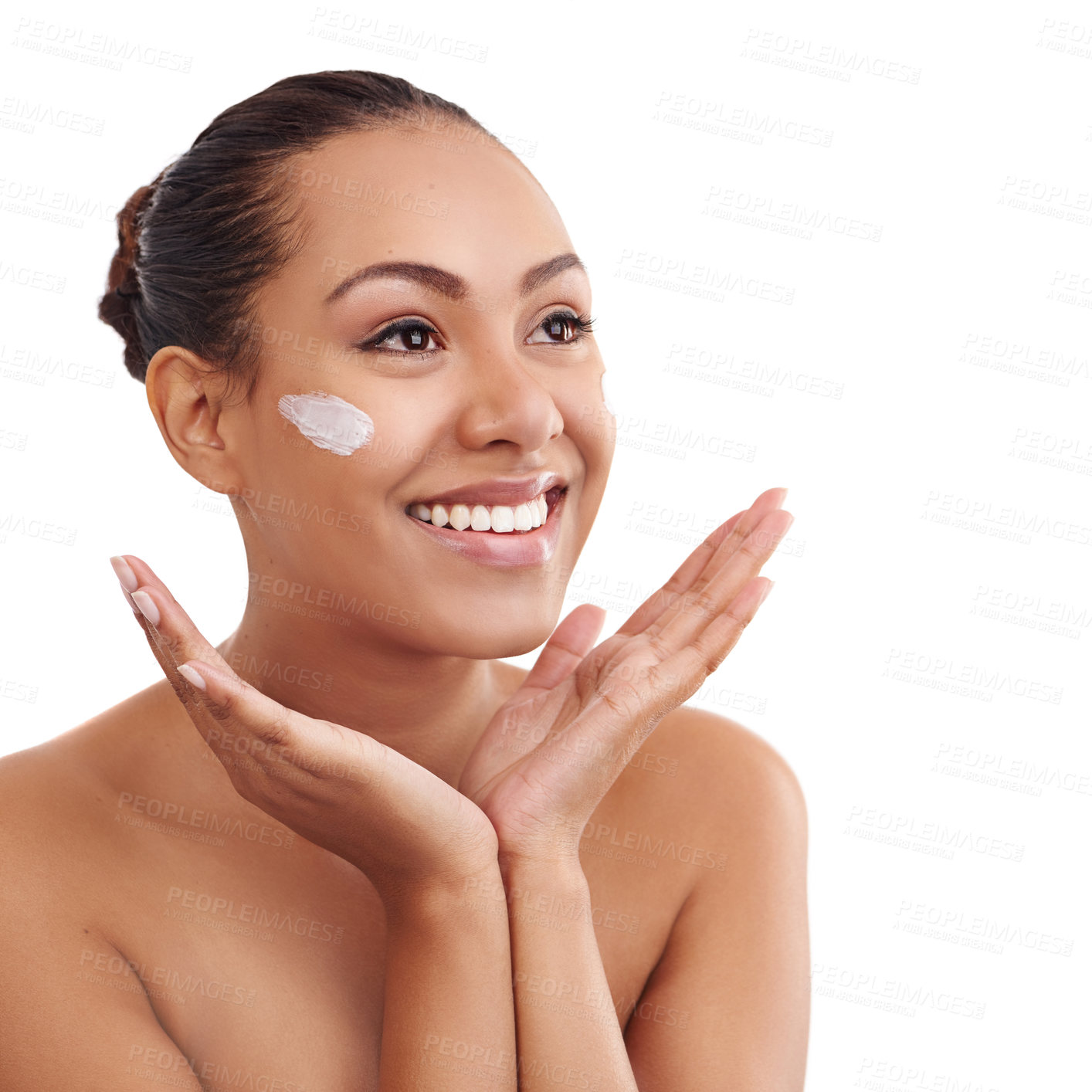 Buy stock photo Happy woman, skincare and moisturizing with cream in beauty on a white studio background. Face of female person, brunette or model with smile in satisfaction for anti aging lotion, SPF or dermatology