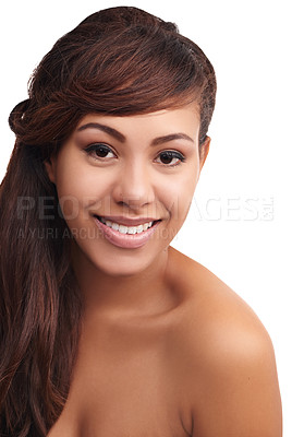 Buy stock photo Studio shot of a young woman with beautiful skin posing against a white background