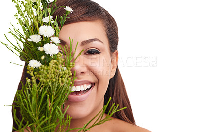 Buy stock photo Skincare, flowers and woman with plants in beauty, dermatology or mockup in white background. Studio, face and portrait of girl with natural floral cosmetics and sustainable makeup or product