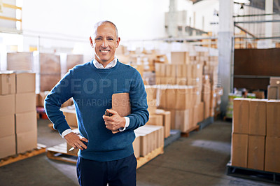 Buy stock photo Checklist, happy and portrait of man in warehouse for cargo, storage and shipping. Distribution, ecommerce and logistics with employee in factory plant for supply chain, package or wholesale supplier