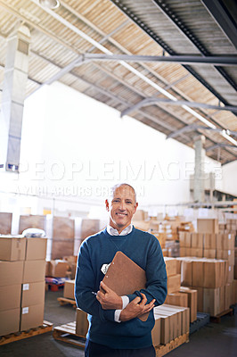 Buy stock photo Manager, smile and portrait of man in warehouse for cargo, storage and shipping. Distribution, ecommerce and logistics with employee in factory plant for supply chain, package or wholesale supplier