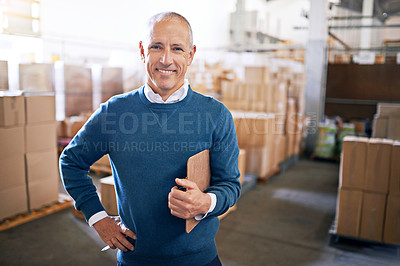 Buy stock photo Checklist, manager and portrait of man in warehouse for cargo, storage and shipping. Delivery, ecommerce and logistics with employee in factory plant for supply chain, package or wholesale supplier