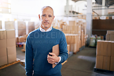 Buy stock photo Boxes, confidence and portrait of businessman in warehouse with package, logistics and distribution. Export, commerce and manager at cargo storage factory with clipboard, pride and supply chain job
