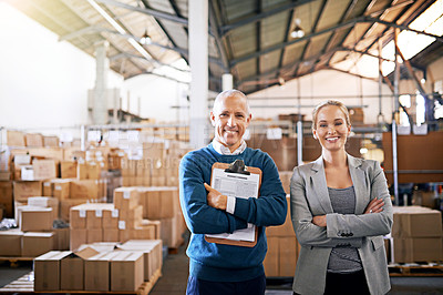 Buy stock photo Boxes, confidence and portrait of business people in warehouse with package, logistics and distribution. Export, commerce and service team at cargo storage factory with clipboard, pride and smile