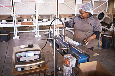 Buy stock photo Female employee, manufacturing product and packaging for  production line in shipping warehouse. Professional worker, industrial scale and storage for export with stock or cargo for supply chain