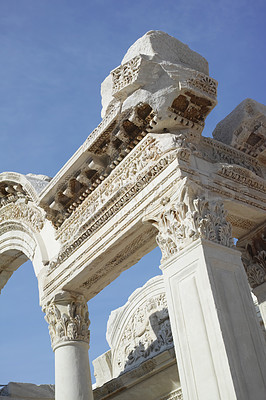 Buy stock photo Ancient city ruins of Ephesus in Turkey during the day. Traveling abroad and overseas for holiday, vacation and tourism. Excavated remains of historical Turkish stone cultural building 