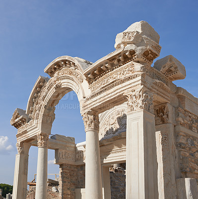 Buy stock photo Historical Turkey Ephesus arch in an ancient city. A keystone arch with architectural detail and patterns. Tourist attraction of ancient remains of a temple building in Turkish history and culture