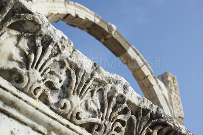 Buy stock photo Closeup of Turkey Ephesus arch in an ancient city. Keystone arch with architecture detail patterns. Tourism attraction of well preserved historical stone ruins from classical greek and roman heritage