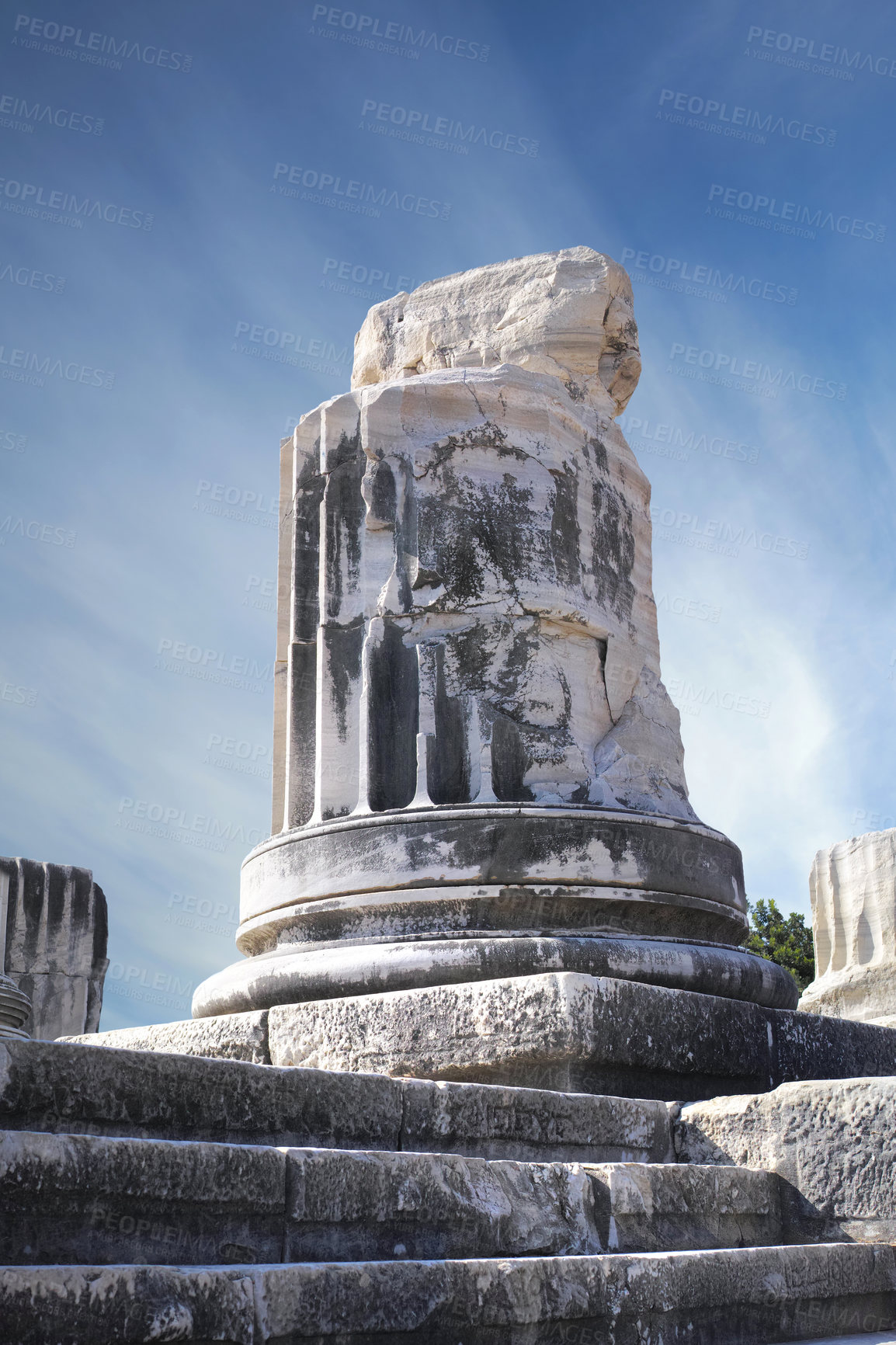 Buy stock photo Architecture pillars in the Temple of Apollo in Didyma. Historic design on stone structure in a sacred site in ancient Greek culture. Famous antiquity for tourism and location for pilgrimage