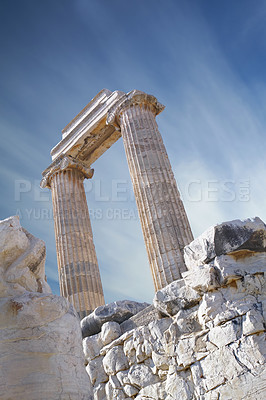 Buy stock photo Column in the Temple of Apollo, Didyma, Turkey, against a sky copyspace background. Details of Ancient Greek world. Famous place rich in architecture and history, place of worship with copy space