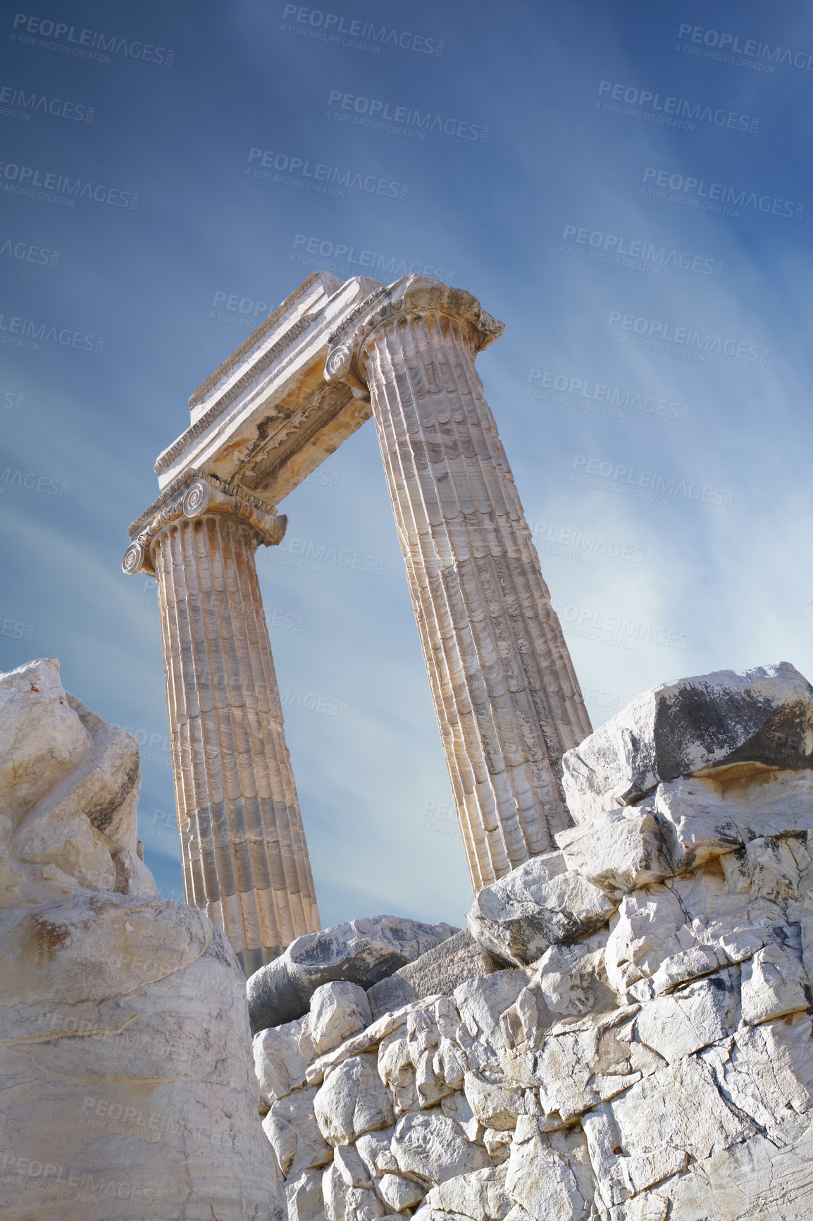 Buy stock photo Column in the Temple of Apollo, Didyma, Turkey, against a sky copyspace background. Details of Ancient Greek world. Famous place rich in architecture and history, place of worship with copy space