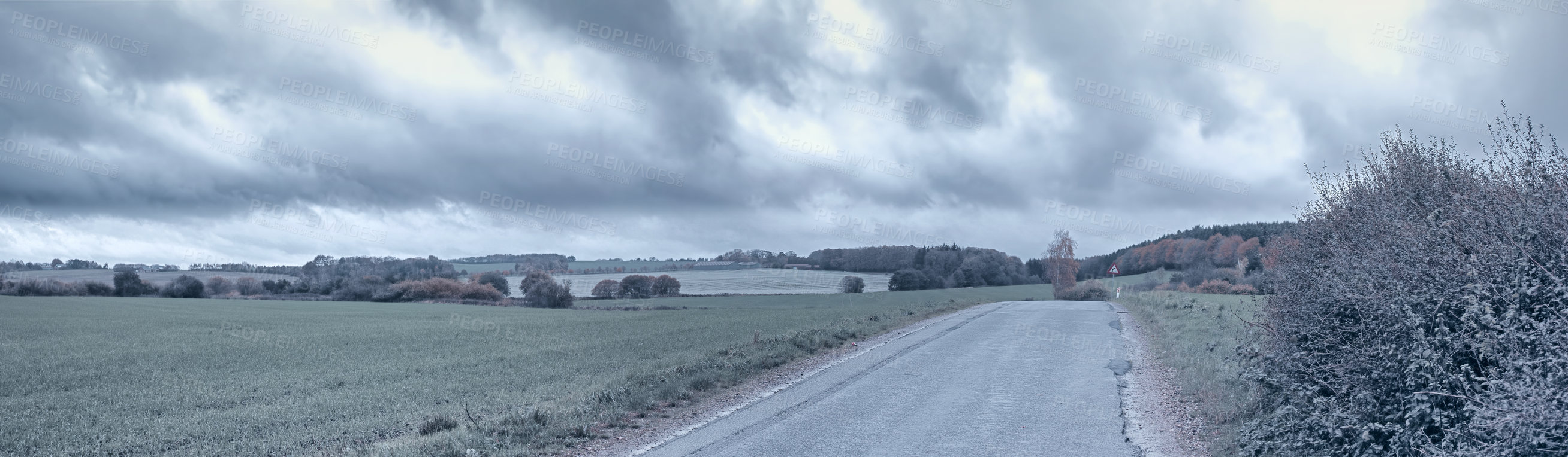 Buy stock photo Autumn, landscape and banner in countryside, road or forest for textures in nature, harmony or calm. Holiday, trip and travel for vacation as wallpaper, background or woods with adventure in Canada