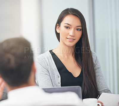 Buy stock photo Woman, man and discussion with partner in boardroom for decision, meeting and ideas in collaboration. Business people, mentor and coach with advice for career, growth and development in workplace