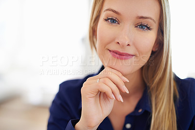 Buy stock photo Closeup, portrait or woman in makeup, beauty or cosmetology for wellness, luxury or skincare. Female influencer, confident or cosmetic as antiaging, glow or flawless skin of cool elegance on mock up