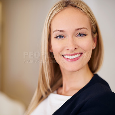 Buy stock photo Closeup, happy and portrait of business woman in office, workspace and confident for corporate career. Female person, employee and legal worker as lawyer, attorney and solicitor in Amsterdam