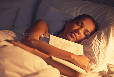 Buy stock photo Woman, sleep and book in bed and resting, dreaming female person or night lamp for story and novel. Relax, hobby and tired girl with fantasy or biography, literature or learning for peace in room
