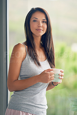 Buy stock photo Woman, portrait and drinking coffee at window view in apartment for holiday relaxing, weekend or vacation. Female person, face and caffeine beverage in London for calm in bedroom, resting or pyjamas