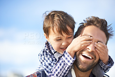 Buy stock photo Beach, playful and man with child on shoulders, laugh and smile on outdoor adventure. Support, face of father and son in nature for fun piggy back, bonding and happy trust on ocean holiday together