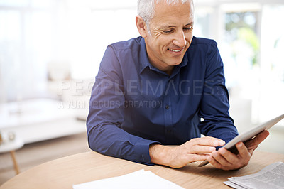 Buy stock photo Paper, remote work or happy senior man with tablet in home office for research, planning or communication. Financial, documents or old freelance male accountant with digital, app for investment check
