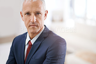 Buy stock photo Leadership, portrait and mature businessman, serious ceo or senior manager at government office. Mockup, confidence and face of business owner, boss or entrepreneur at professional agency with pride