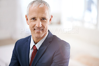 Buy stock photo Smile, portrait and senior businessman, ceo or mature manager at corporate startup office. Relax, confidence and happy face of business owner, boss or entrepreneur at professional agency with pride