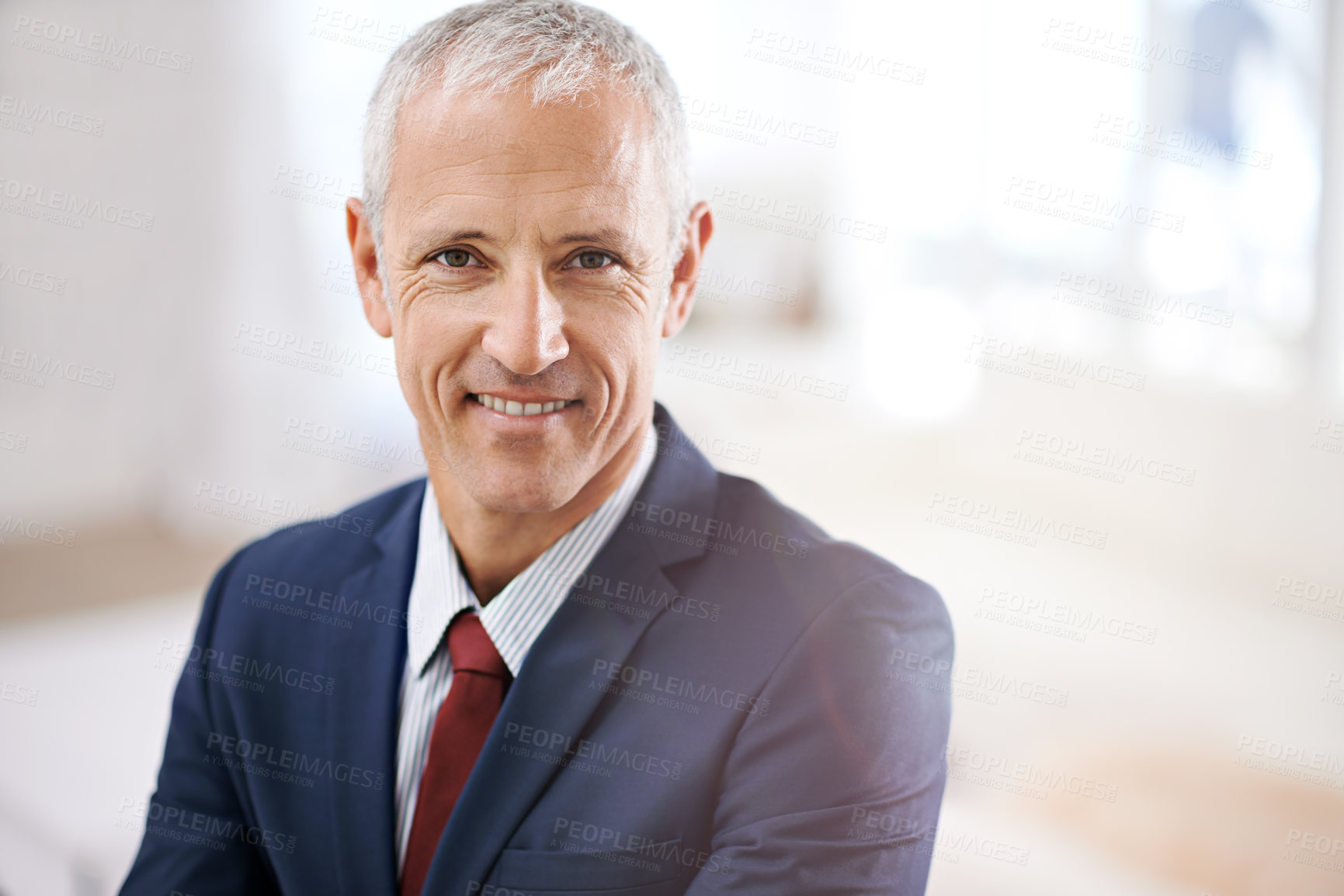 Buy stock photo Smile, portrait and senior businessman, ceo or mature manager at corporate startup office. Relax, confidence and happy face of business owner, boss or entrepreneur at professional agency with pride