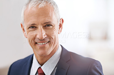 Buy stock photo Trust, portrait and mature businessman, happy ceo or senior manager at corporate startup office. Smile, confidence and face of business owner, boss or entrepreneur at professional agency with pride
