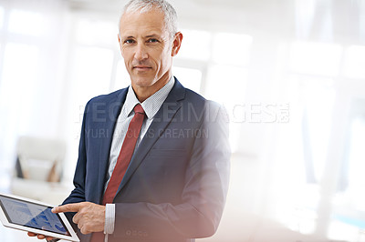 Buy stock photo Portrait, charts and accountant with man, tablet and business with economy and startup with investment. Face, employee and broker with technology or graphs with company profit or startup with finance