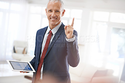 Buy stock photo Businessman, portrait and idea finger for solution with tablet for analytics or growth, entrepreneurship or professional. Mature, male person and graphs statistics or online, app or project planning