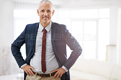 Buy stock photo Office, portrait and mature businessman, confident ceo or senior manager at corporate startup. Smile, mockup and happy face of business owner, boss or entrepreneur at professional agency with pride