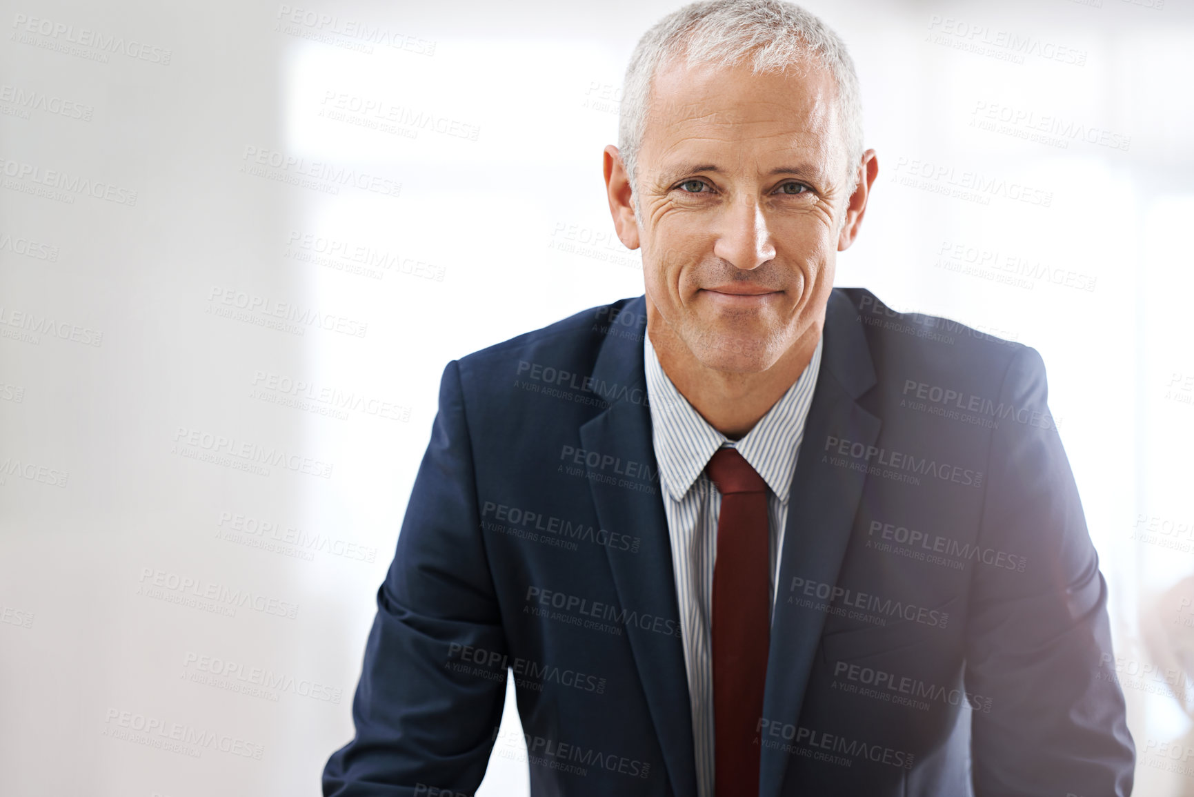 Buy stock photo Mockup, portrait and mature businessman, happy ceo or senior manager at corporate startup office. Smile, confidence and face of business owner, boss or entrepreneur at professional agency with pride