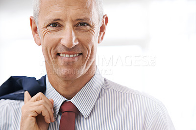 Buy stock photo Smile, portrait and face of mature businessman, ceo or senior manager at corporate startup office. Relax, confidence and happy business owner, boss or entrepreneur at professional agency with mockup