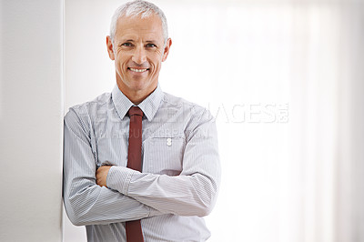 Buy stock photo Portrait, senior man and professional with arms crossed, mockup space or agent in workplace. Face, mature person or entrepreneur with confidence or employee with startup or corporate with business
