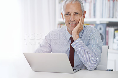 Buy stock photo Portrait, laptop and happy senior businessman in office planning or checking email, review or social media feedback. Face, smile or old male executive with pc for online, research or communication