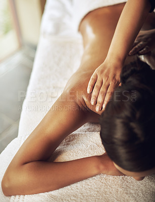 Buy stock photo Woman, back massage and wellness in spa for relax, recovery and peace on vacation or weekend. Body care, treatment and holistic healing in beauty salon with professional masseuse, zen and detox 