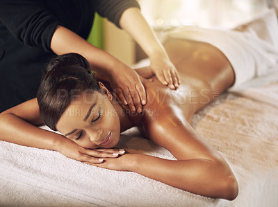Buy stock photo Massage, woman and wellness in spa for relax, recovery and peace on vacation or weekend. Body care, wellbeing and holistic healing in beauty salon with professional masseuse, zen and detox on holiday