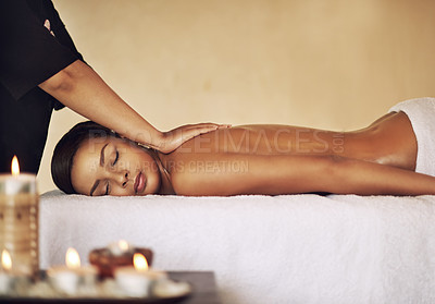 Buy stock photo Back massage, relax and wellness with woman in spa for health, skincare or stress relief on bed. Aromatherapy, beauty and peace with customer person at luxury resort for natural treatment or recovery