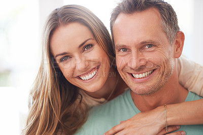 Buy stock photo Portrait, married and couple hug, love and romance with support, happiness and trust at home. Face, man and woman embrace, bonding or partners with joy, smile and romantic with quality time and happy