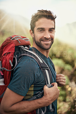 Buy stock photo Hiking, fitness and portrait of man on mountain for peace, adventure and travel journey. Backpacking, summer and workout with male hiker trekking in nature path for training, freedom and explore