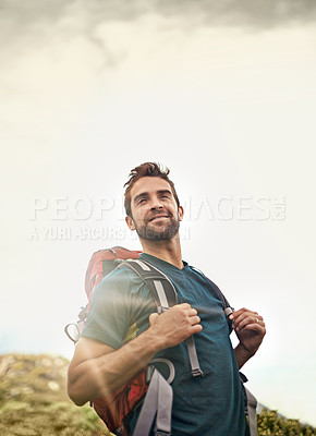 Buy stock photo Man, hiking and nature for workout, health and wellness with view and mountain. Athlete, exercise and adventure with summer, sunshine and backpack journey on cape town trail with travel and vacation